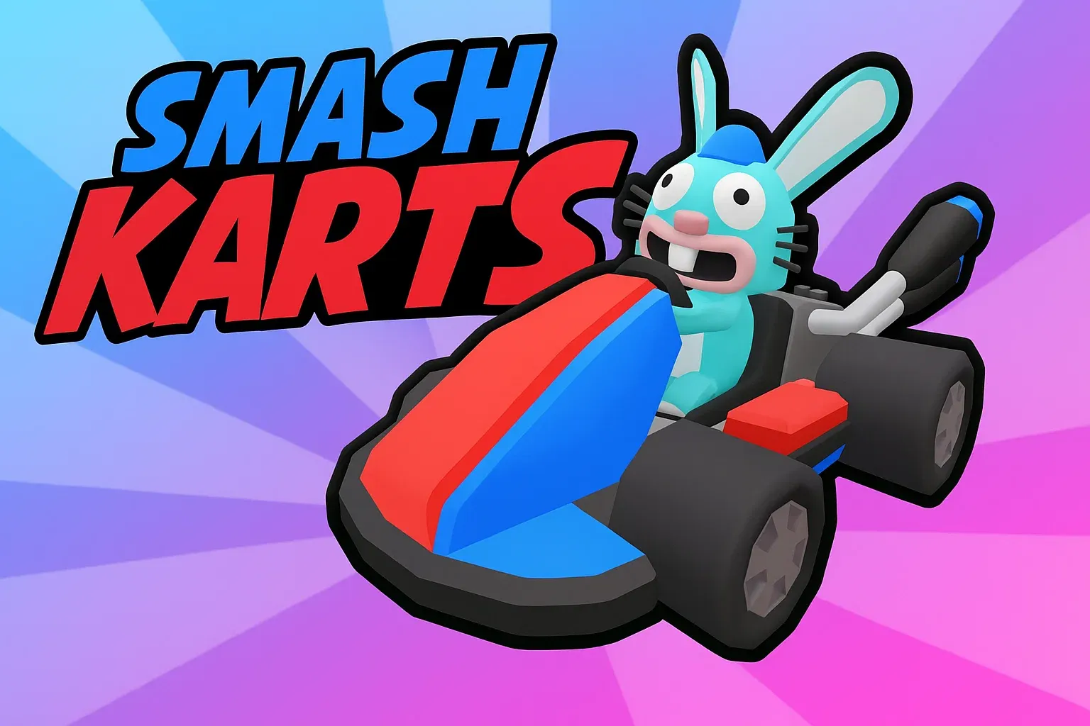 A cartoon bunny in a red, blue and black car.